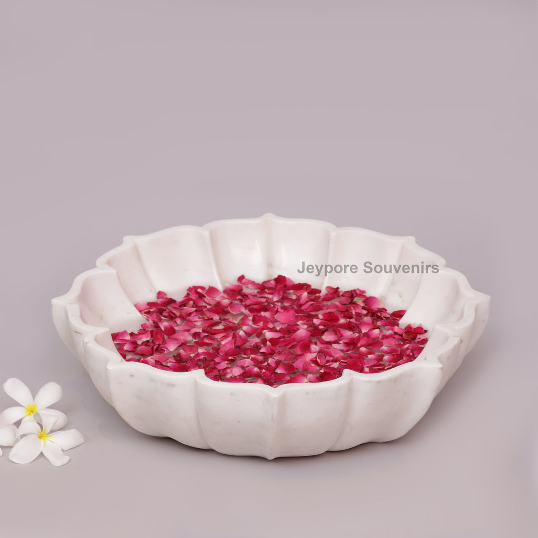Hand-Carved White Marble Flower Bowl With Fluted Petal