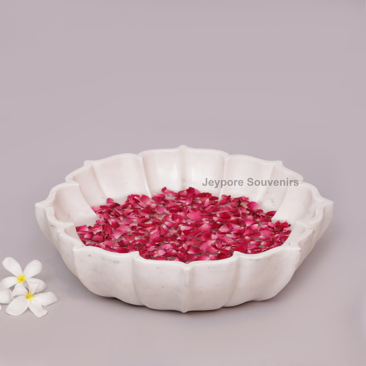 Hand-Carved White Marble Flower Bowl With Fluted Petal