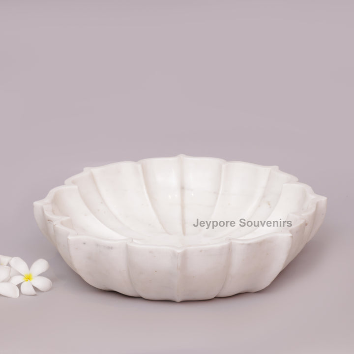Hand-Carved White Marble Flower Bowl With Fluted Petal