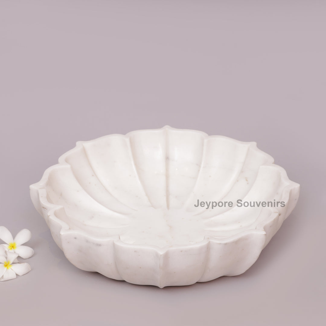 Hand-Carved White Marble Flower Bowl With Fluted Petal
