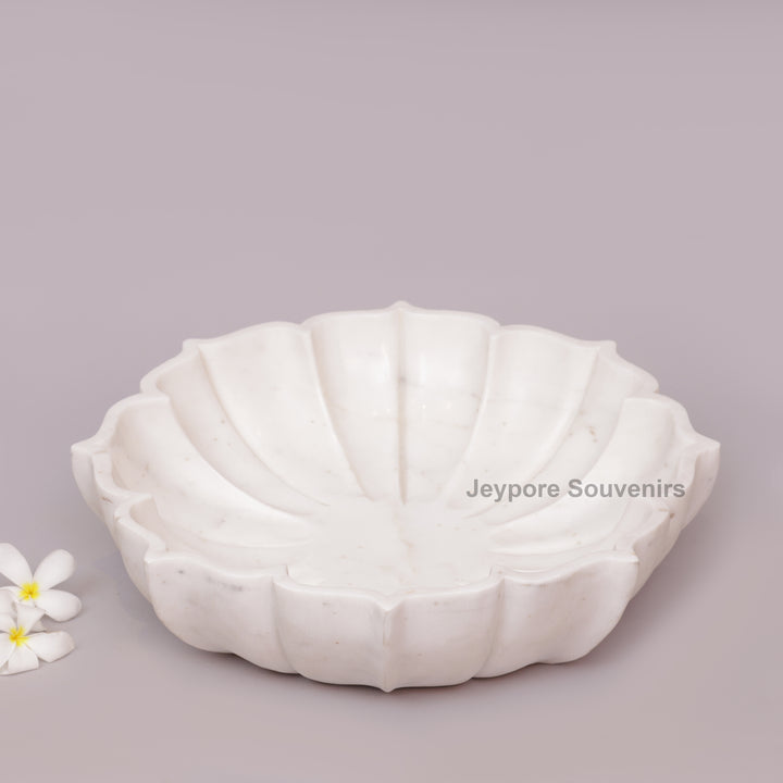 Hand-Carved White Marble Flower Bowl With Fluted Petal