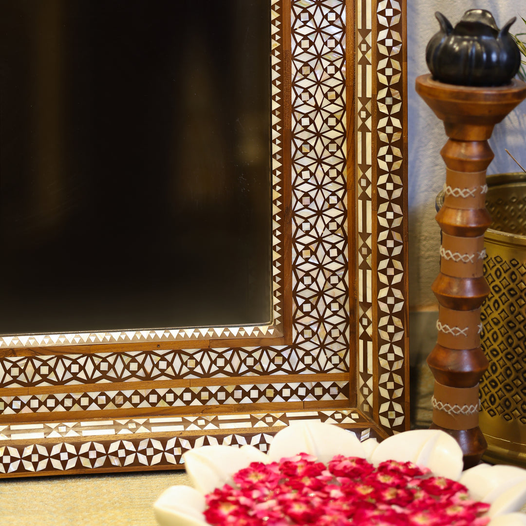 Handcrafted Bone Inlay Wooden Wall Mirror with Intricate Geometric Border