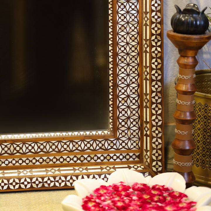 Handcrafted Bone Inlay Wooden Wall Mirror with Intricate Geometric Border