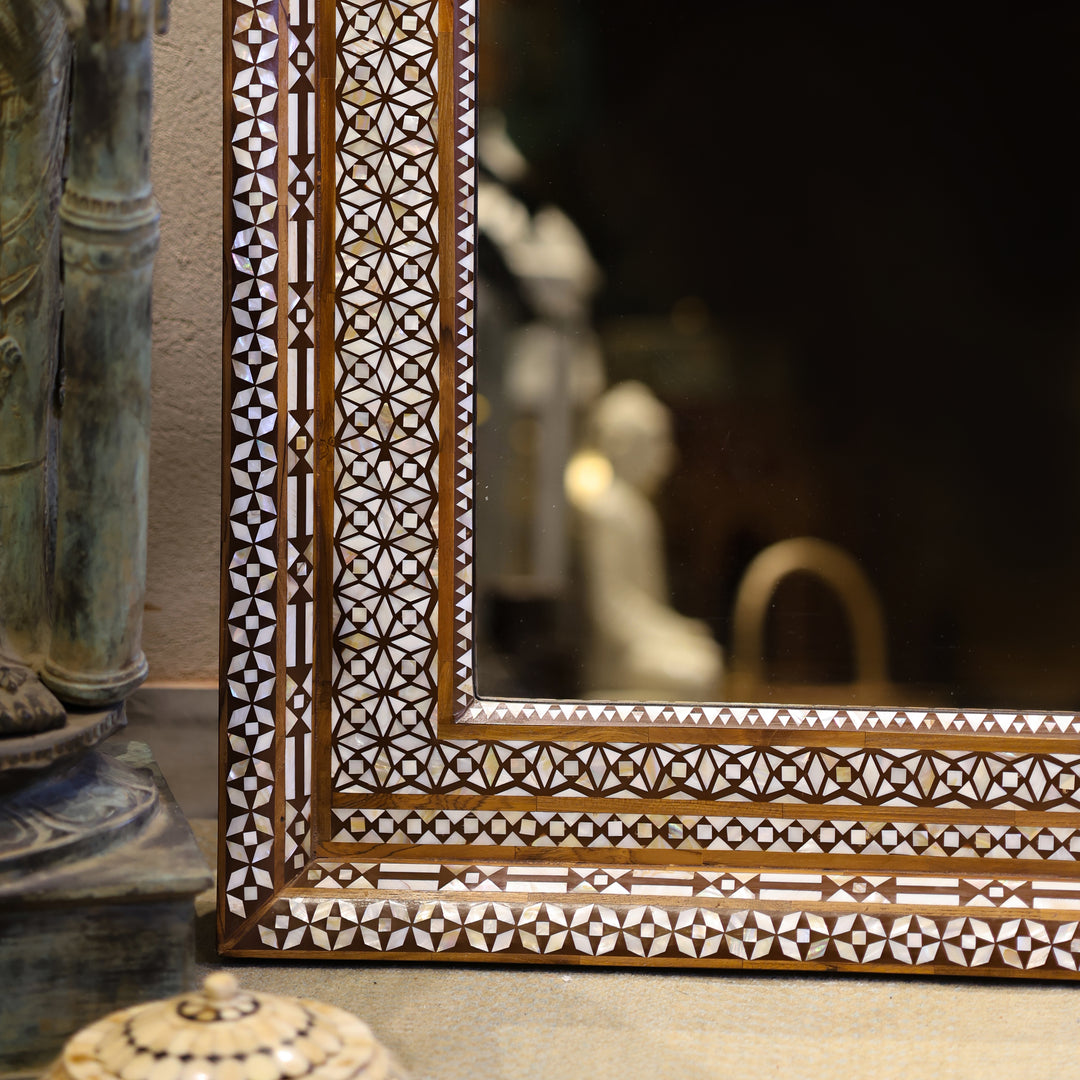 Handcrafted Bone Inlay Wooden Wall Mirror with Intricate Geometric Border