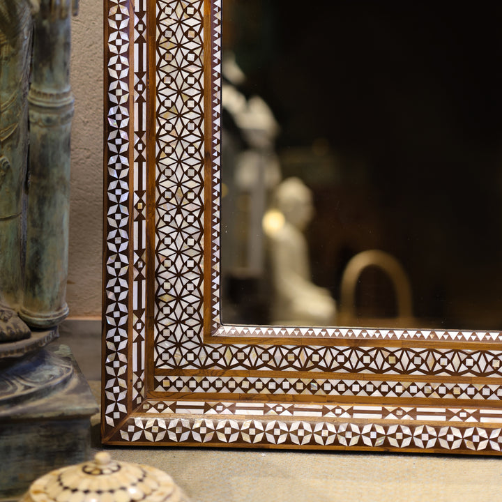 Handcrafted Bone Inlay Wooden Wall Mirror with Intricate Geometric Border