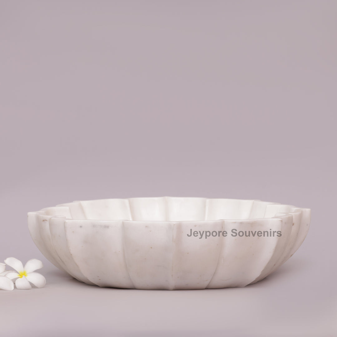 Hand-Carved White Marble Flower Bowl With Fluted Petal