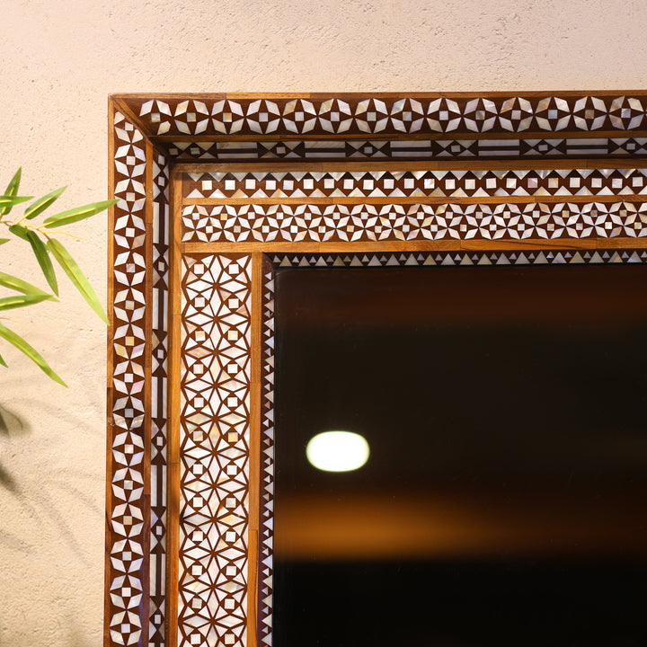 Handcrafted Bone Inlay Wooden Wall Mirror with Intricate Geometric Border