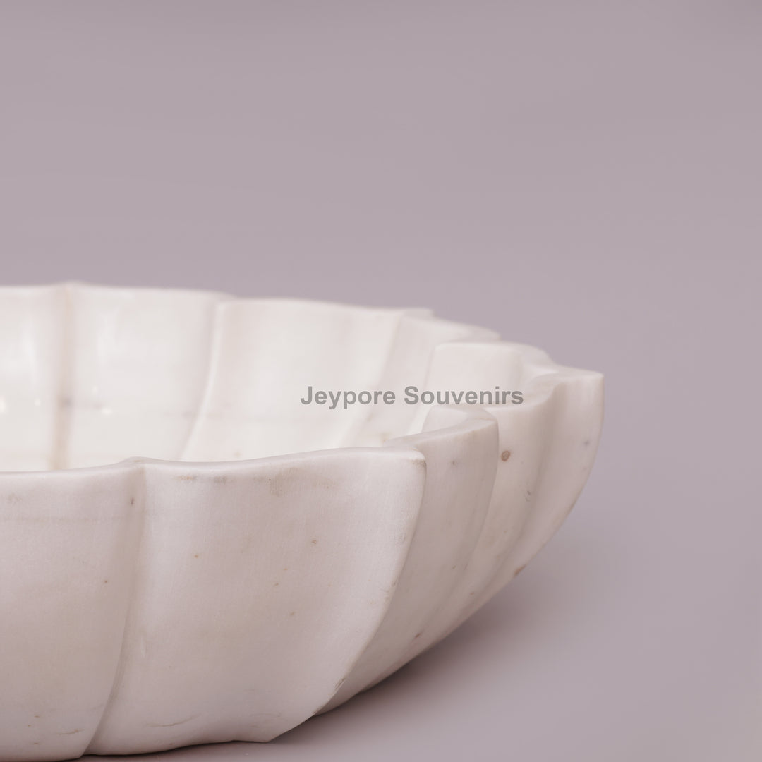 Hand-Carved White Marble Flower Bowl With Fluted Petal