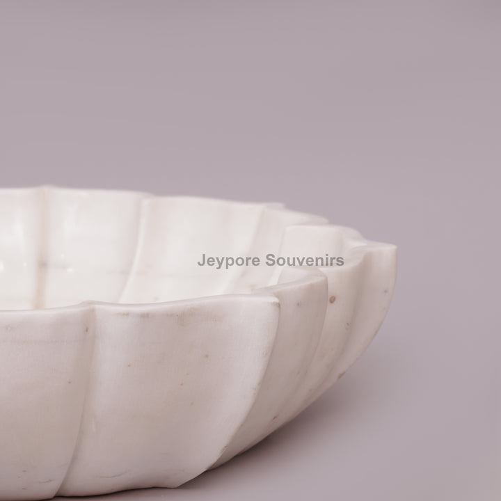 Hand-Carved White Marble Flower Bowl With Fluted Petal