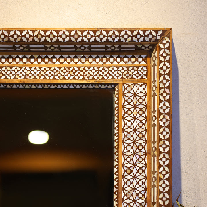 Handcrafted Bone Inlay Wooden Wall Mirror with Intricate Geometric Border