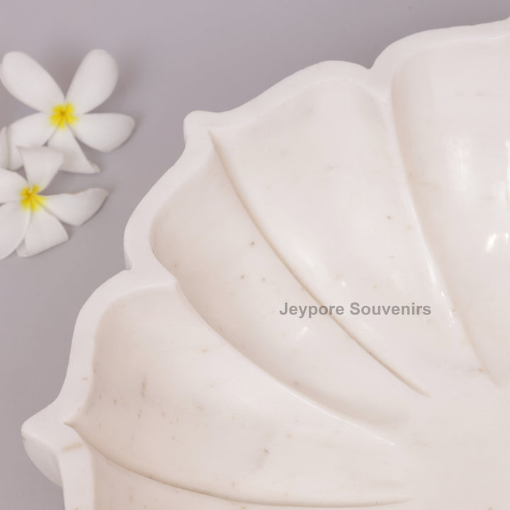 Hand-Carved White Marble Flower Bowl With Fluted Petal