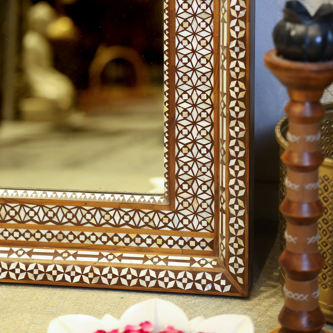 Handcrafted Bone Inlay Wooden Wall Mirror with Intricate Geometric Border