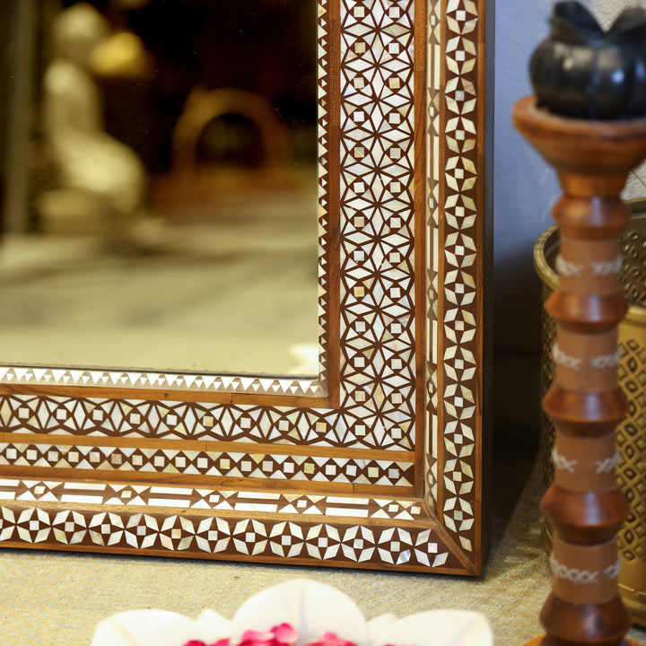 Handcrafted Bone Inlay Wooden Wall Mirror with Intricate Geometric Border