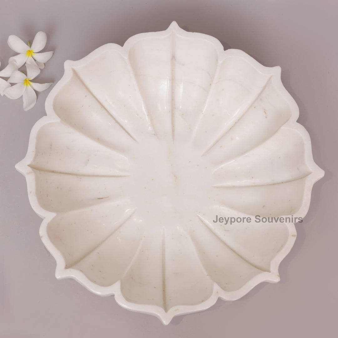 Hand-Carved White Marble Flower Bowl With Fluted Petal
