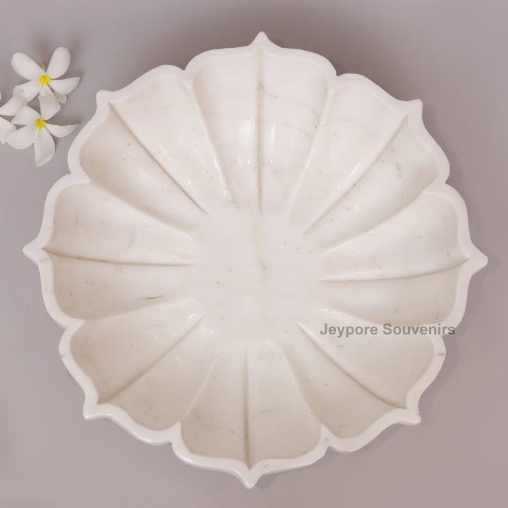 Hand-Carved White Marble Flower Bowl With Fluted Petal