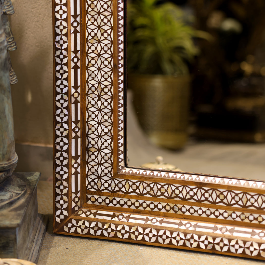 Handcrafted Bone Inlay Wooden Wall Mirror with Intricate Geometric Border