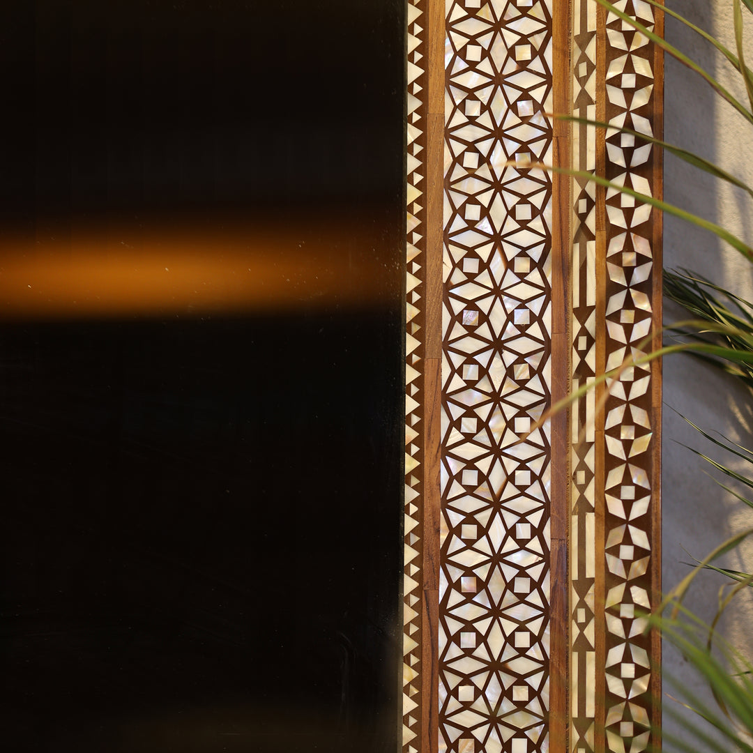 Handcrafted Bone Inlay Wooden Wall Mirror with Intricate Geometric Border