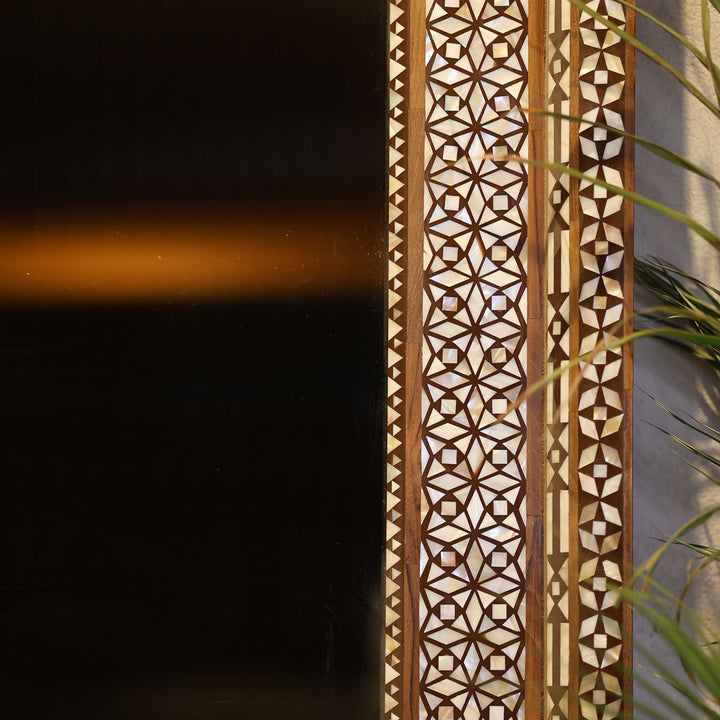 Handcrafted Bone Inlay Wooden Wall Mirror with Intricate Geometric Border