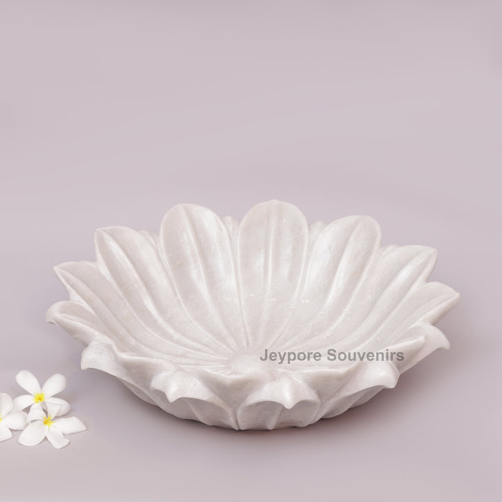 Hand-Carved White Marble Lotus Urli Bowl