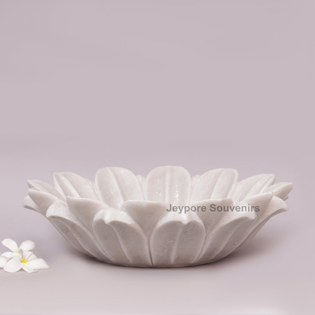 Hand-Carved White Marble Lotus Urli Bowl