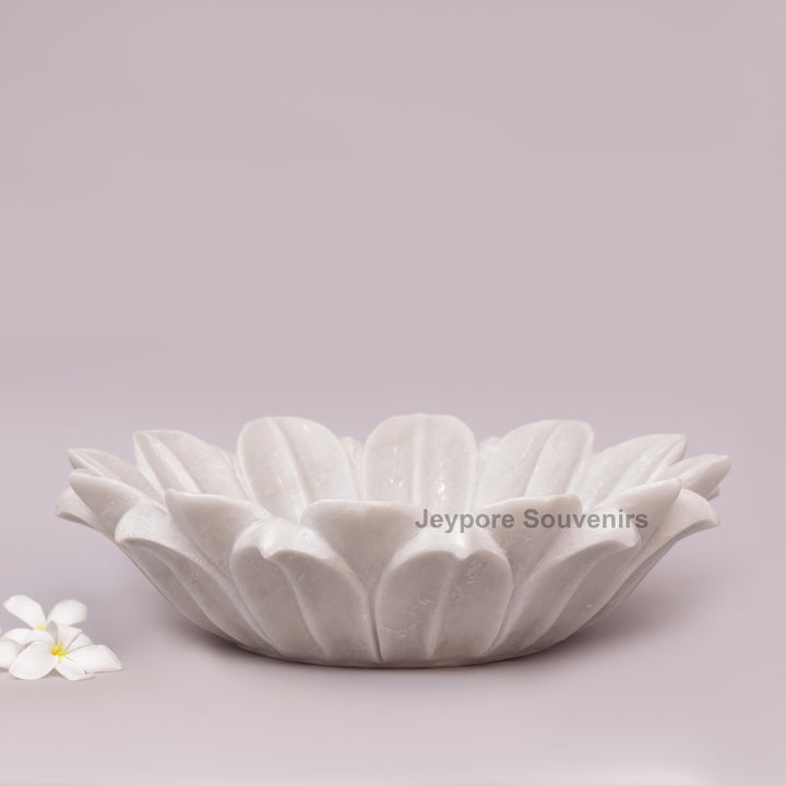 Hand-Carved White Marble Lotus Urli Bowl
