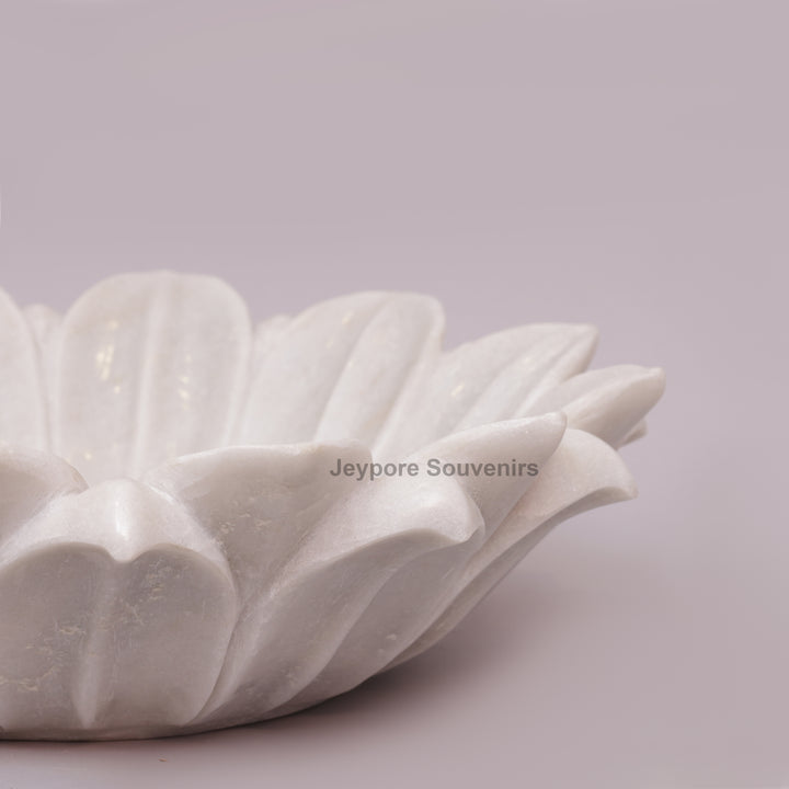 Hand-Carved White Marble Lotus Urli Bowl