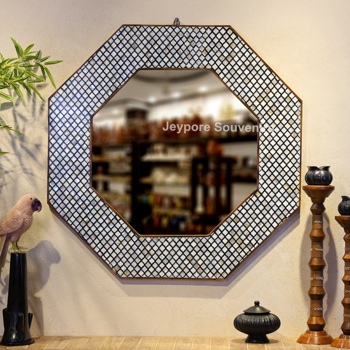 Handcrafted Octagonal Black &amp; White Bone Inlay Wall Mirror
