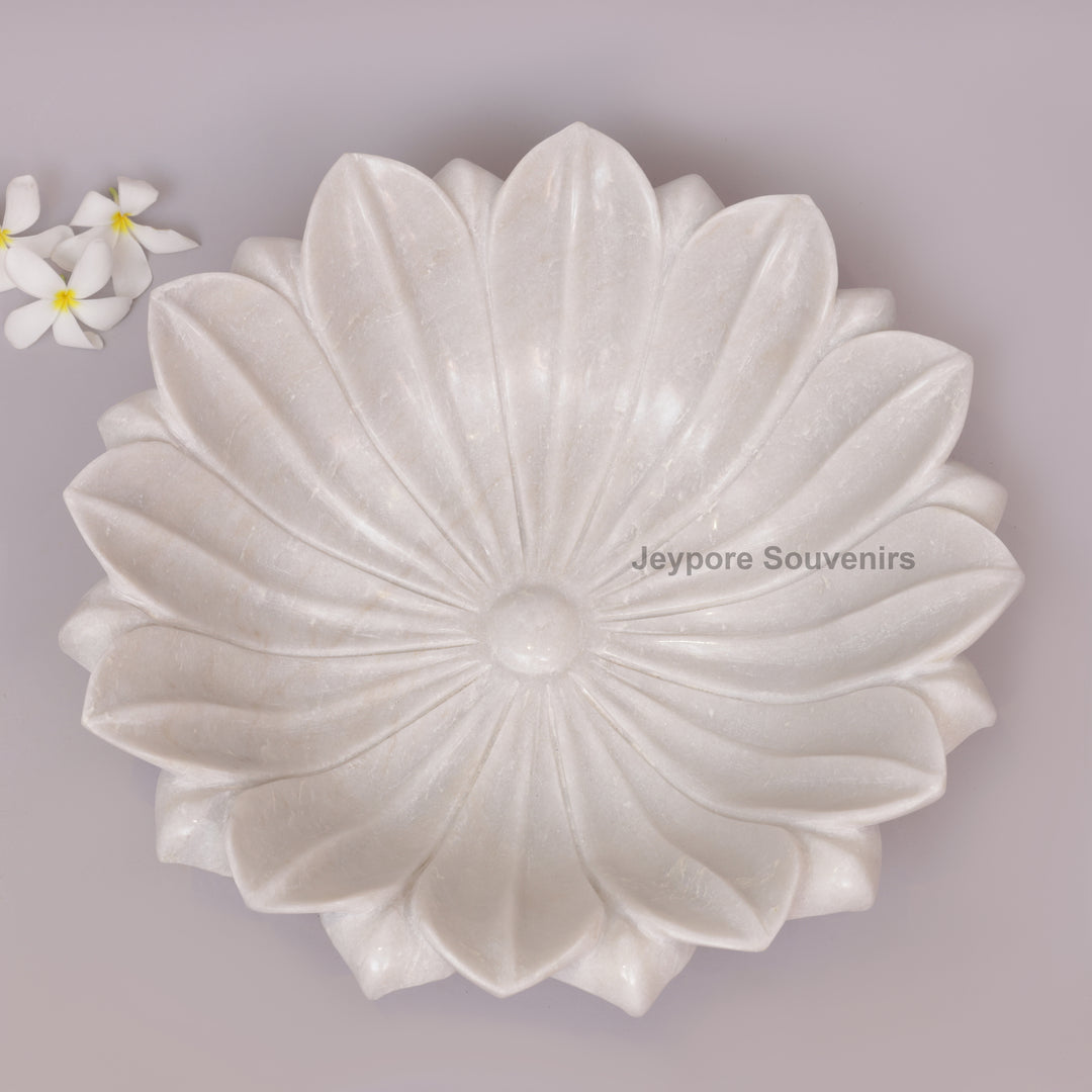 Hand-Carved White Marble Lotus Urli Bowl