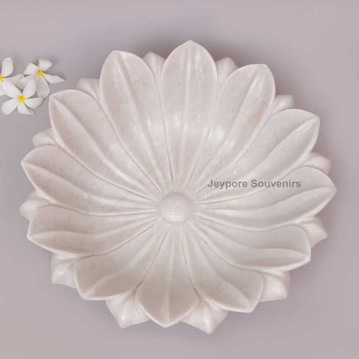 Hand-Carved White Marble Lotus Urli Bowl