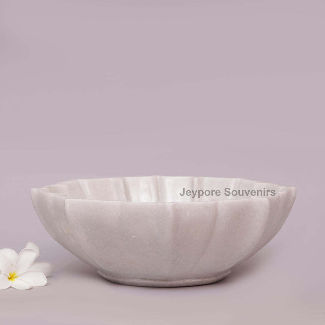 Handcrafted White Marble Fluted Flower Bowl