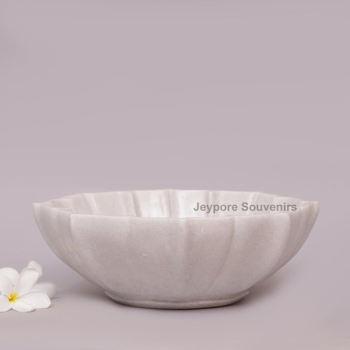 Handcrafted White Marble Fluted Flower Bowl