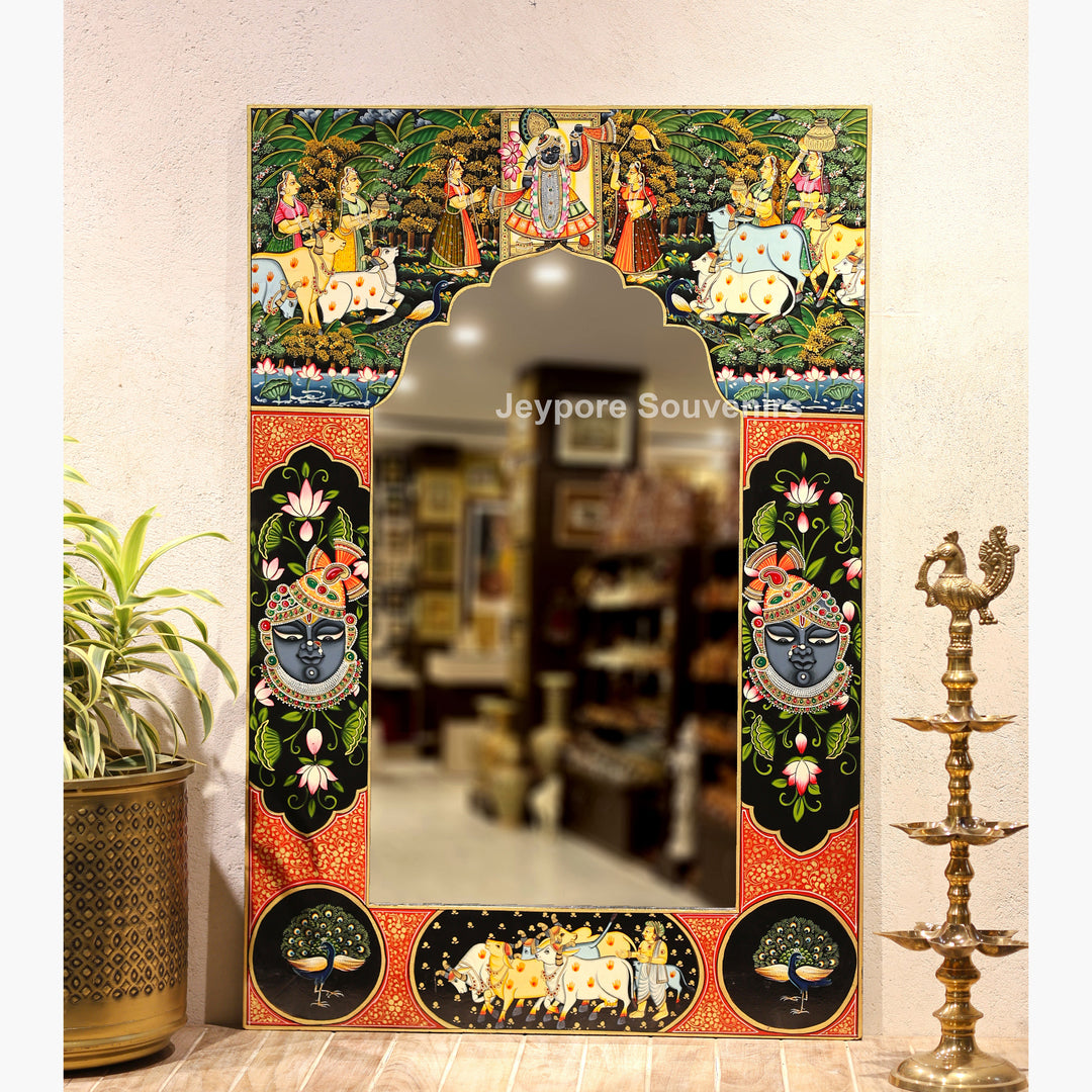 Hand-Painted Pichwai Shrinathji Haveli Style Decorative Wall Mirror
