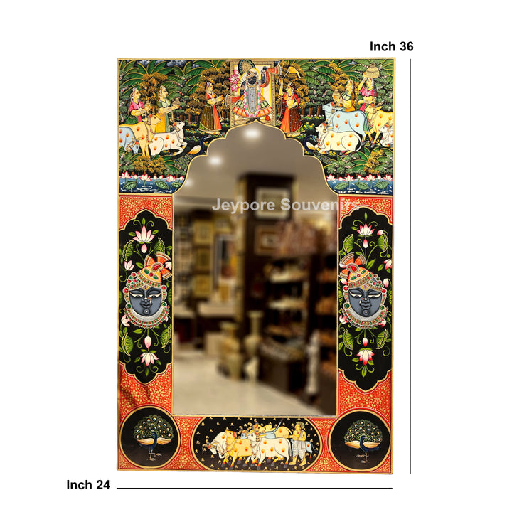 Hand-Painted Pichwai Shrinathji Haveli Style Decorative Wall Mirror