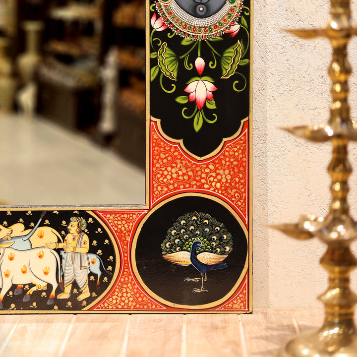 Hand-Painted Pichwai Shrinathji Haveli Style Decorative Wall Mirror