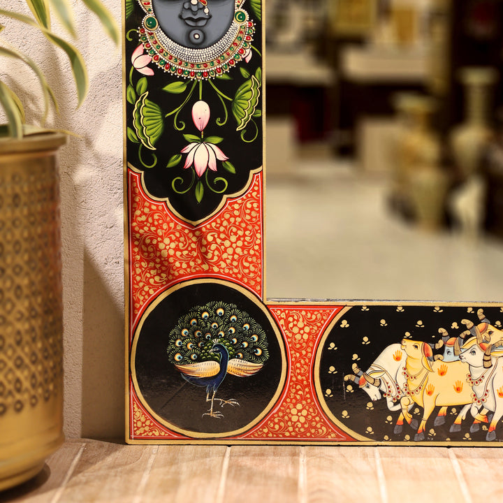 Hand-Painted Pichwai Shrinathji Haveli Style Decorative Wall Mirror