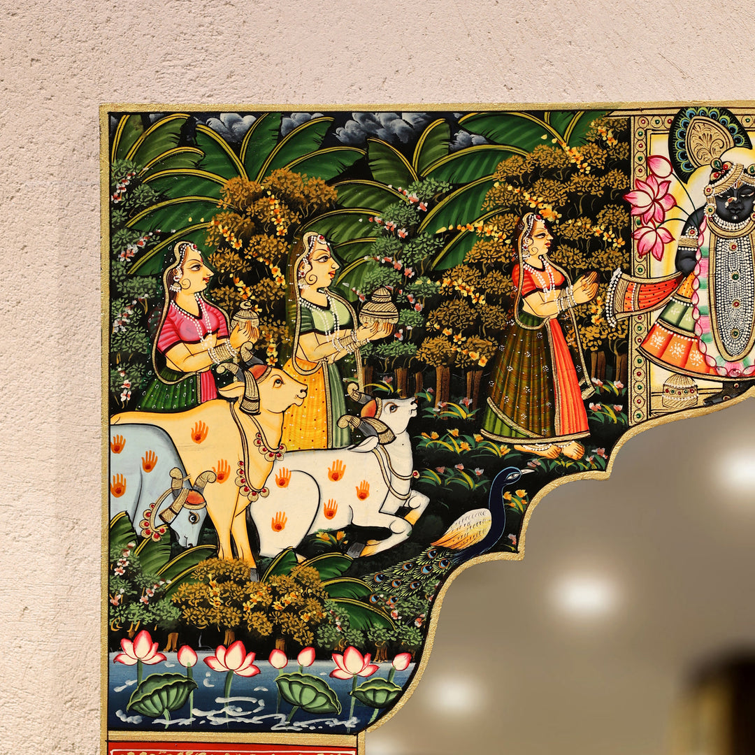 Hand-Painted Pichwai Shrinathji Haveli Style Decorative Wall Mirror