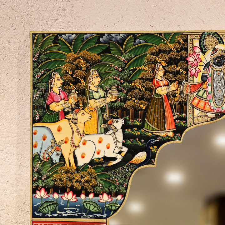 Hand-Painted Pichwai Shrinathji Haveli Style Decorative Wall Mirror