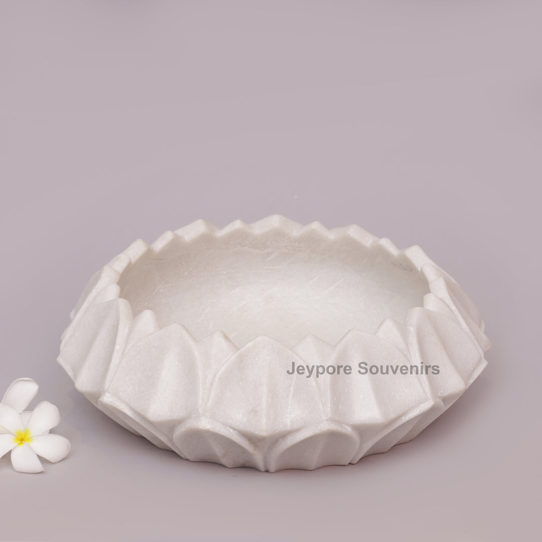 Hand-Carved White Marble Lotus Urli Bowl