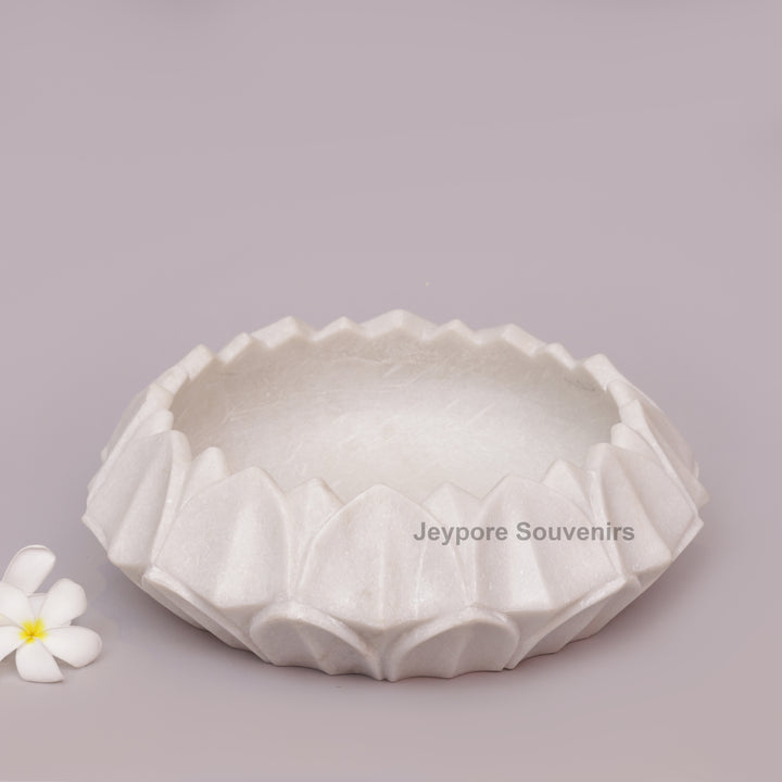 Hand-Carved White Marble Lotus Urli Bowl