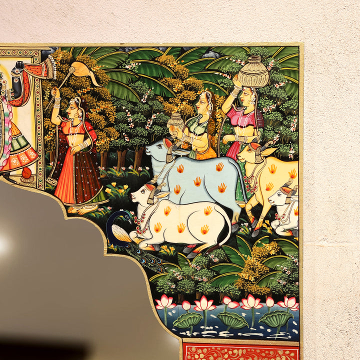 Hand-Painted Pichwai Shrinathji Haveli Style Decorative Wall Mirror