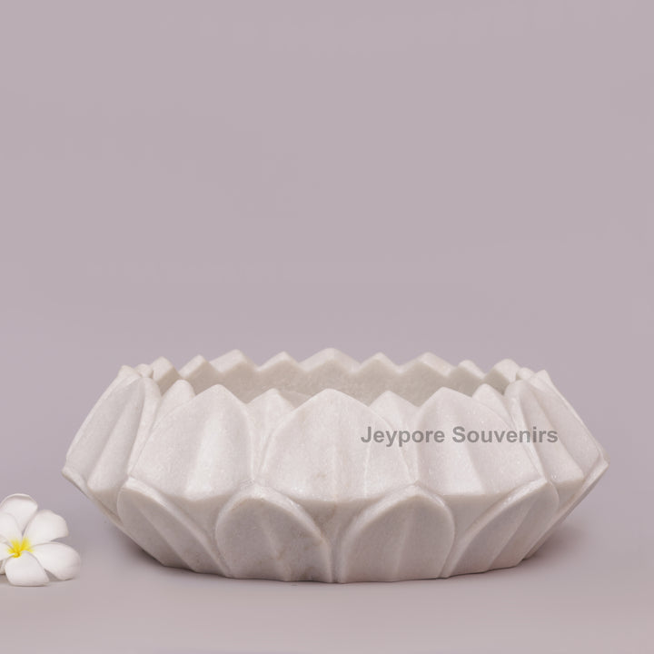 Hand-Carved White Marble Lotus Urli Bowl
