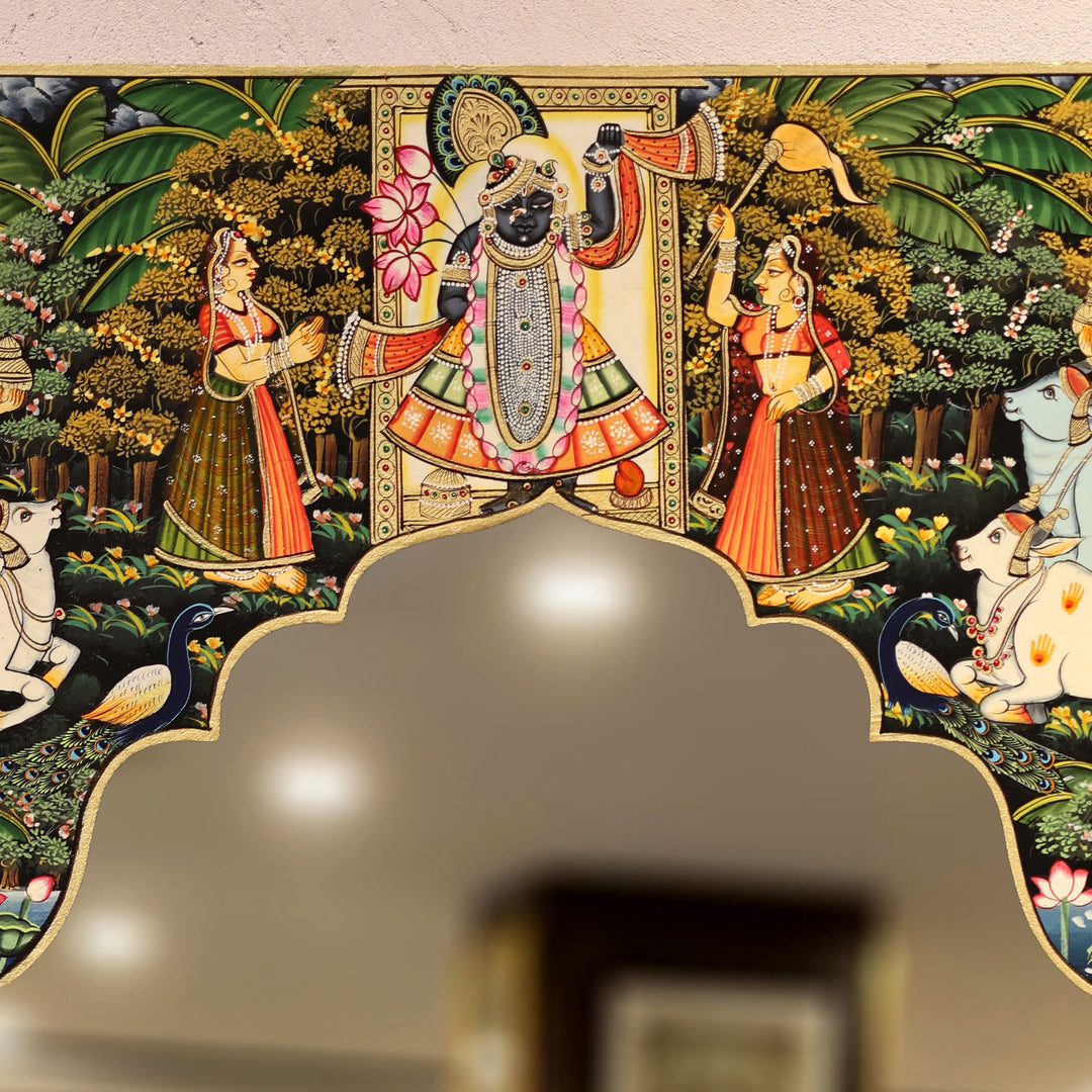 Hand-Painted Pichwai Shrinathji Haveli Style Decorative Wall Mirror