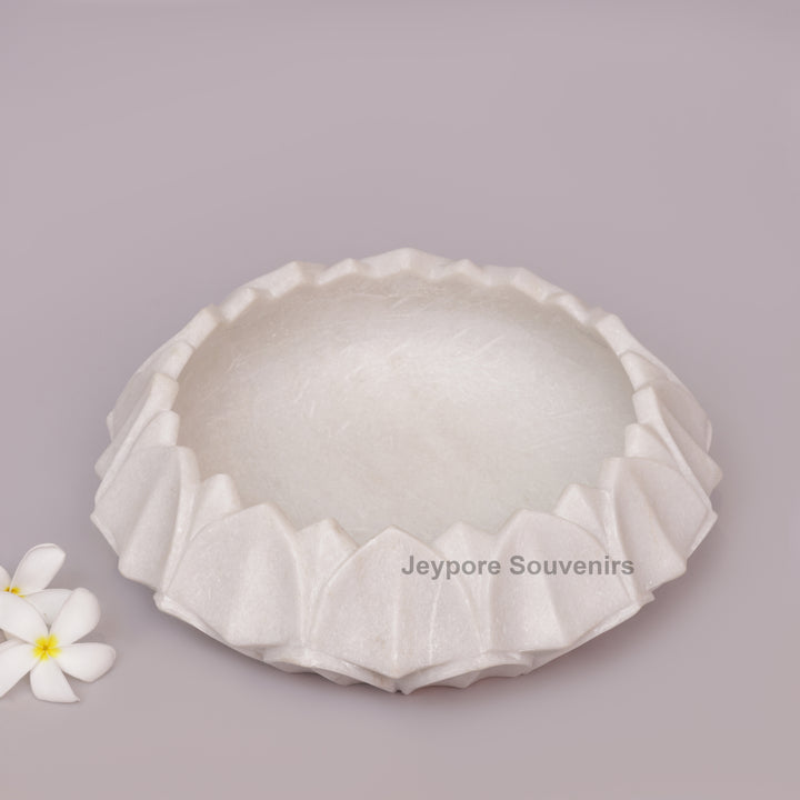 Hand-Carved White Marble Lotus Urli Bowl