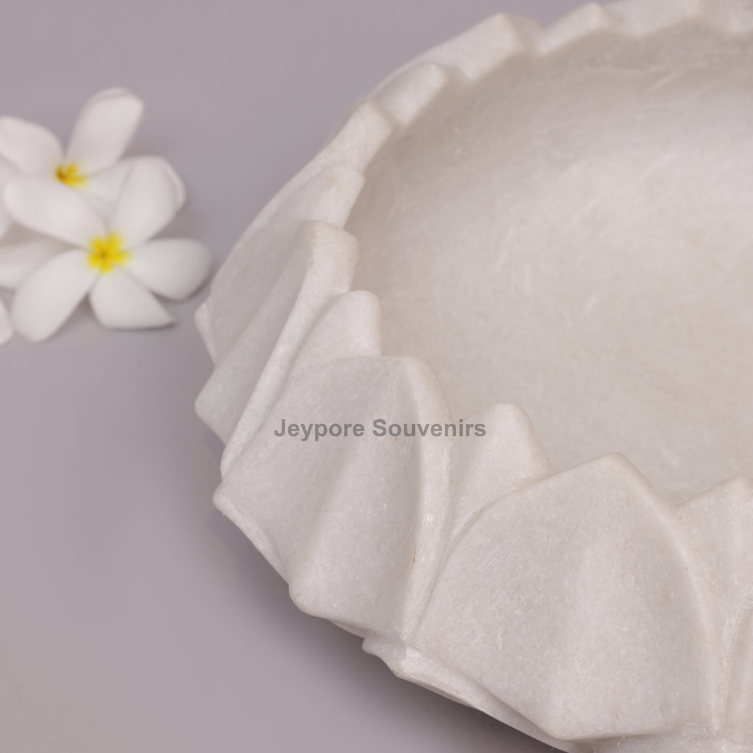 Hand-Carved White Marble Lotus Urli Bowl