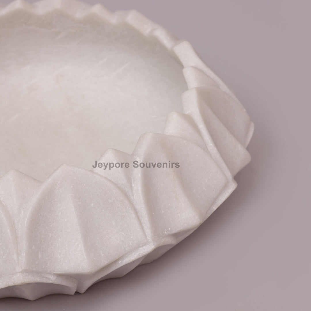 Hand-Carved White Marble Lotus Urli Bowl