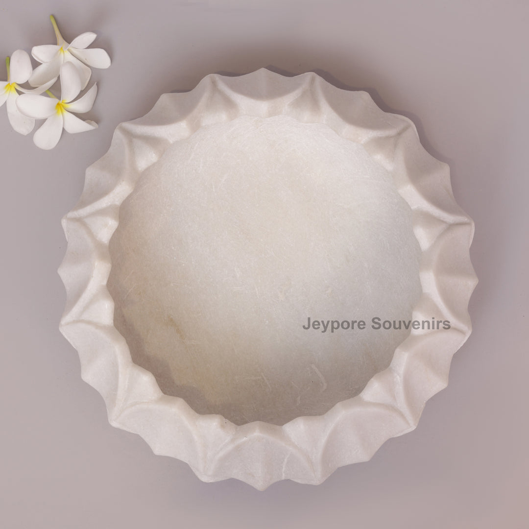 Hand-Carved White Marble Lotus Urli Bowl