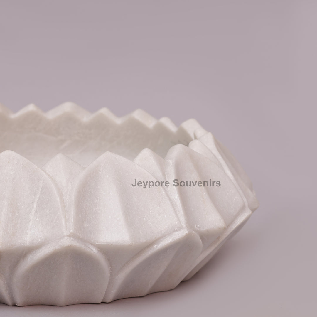 Hand-Carved White Marble Lotus Urli Bowl