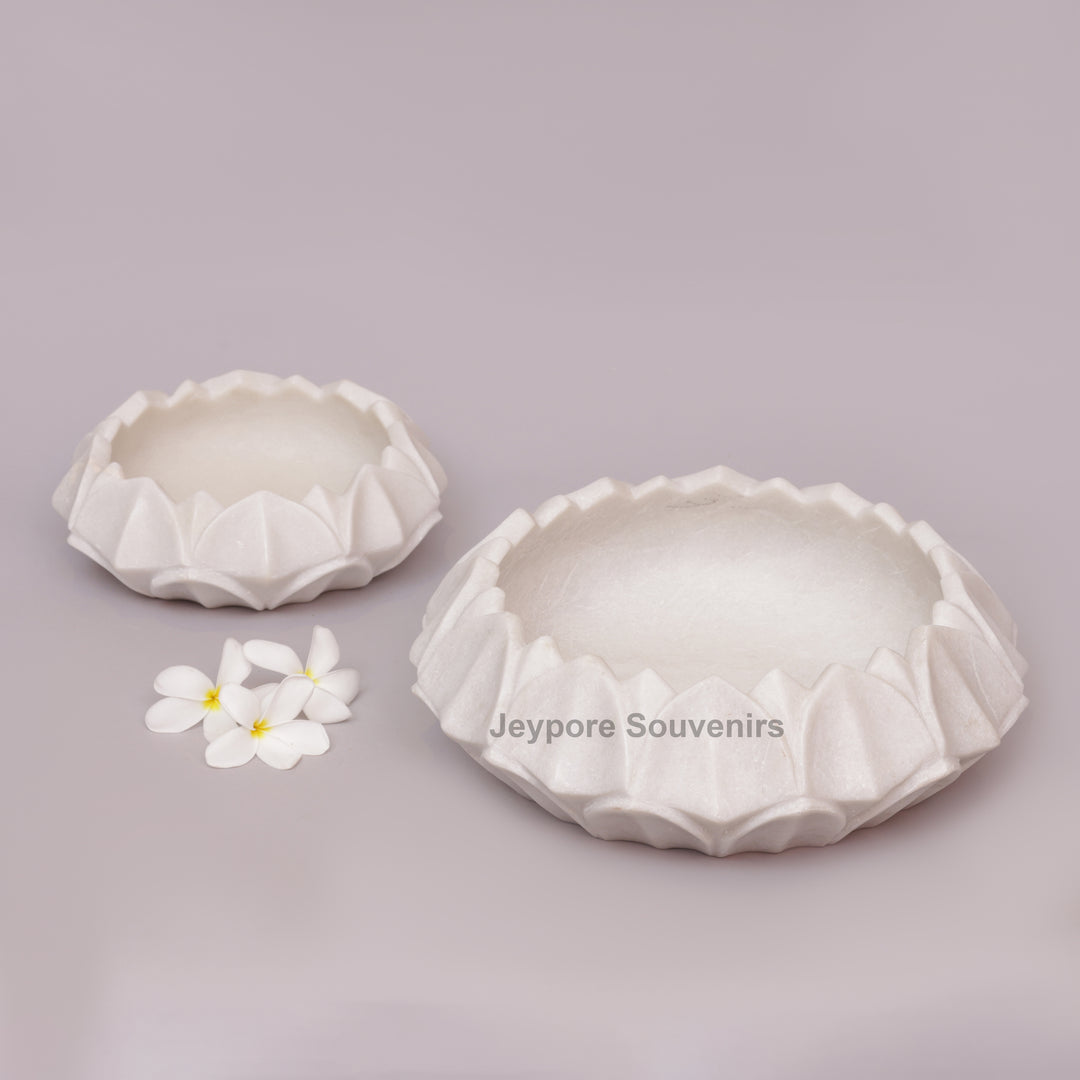 Hand-Carved White Marble Lotus Urli Bowl