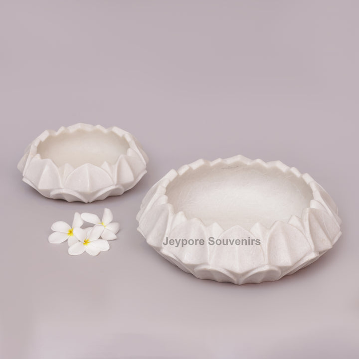 Hand-Carved White Marble Lotus Urli Bowl