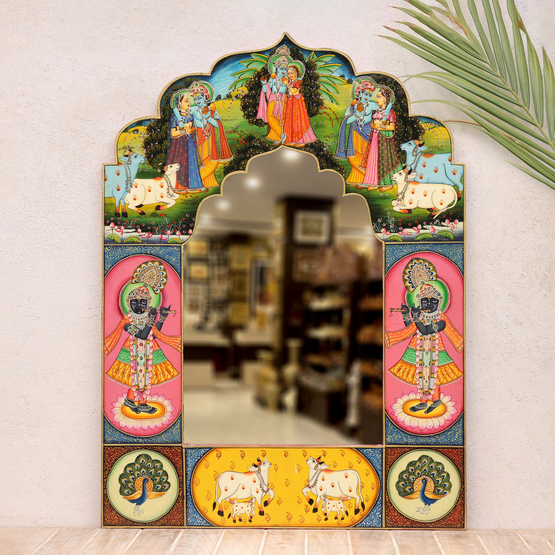 Handcrafted Wooden Radha Krishna Decorative Wall Mirror